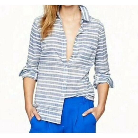 J. Crew nautical chambray light blue and white striped button down blouse - size - Picture 1 of 5